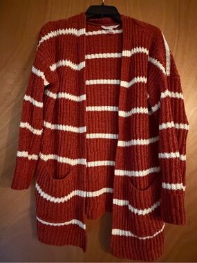 No Boundaries Rust and White Striped Open-Front Cardigan